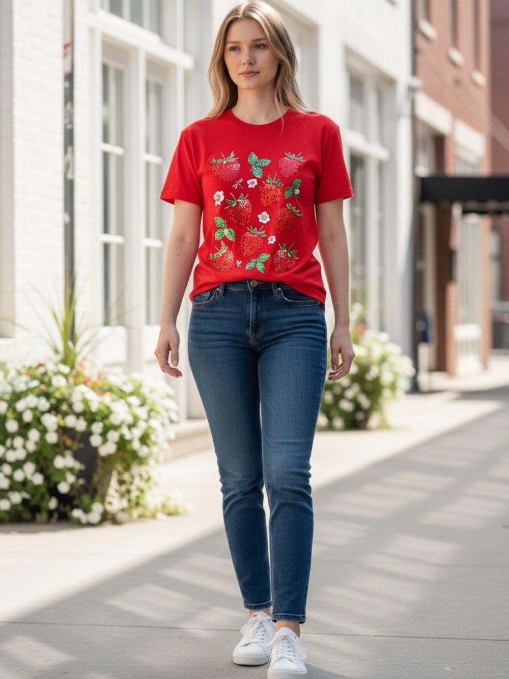NEW Red Strawberry Strawberries Rhinestone White Flower Bumble Bee Black T-Shirt